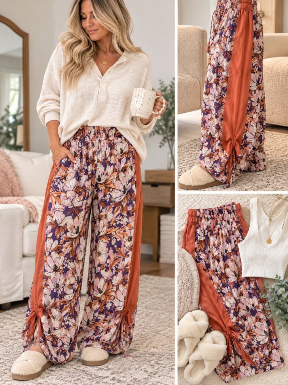 Free People In Bloom Lounge Pants Fiesta Combo Floral Boho Wide Leg Large